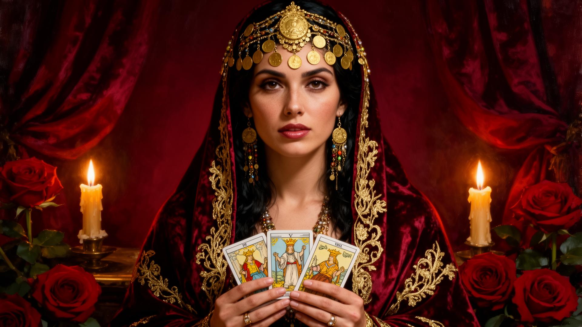 Retrato da Cigana Juanita com cartas de tarot, velas e rosas vermelhas